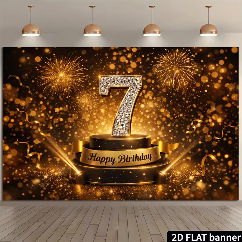 2D Black Gold Diamond Number 7 Birthday Backdrop Firework Glitter Photo Background Banner