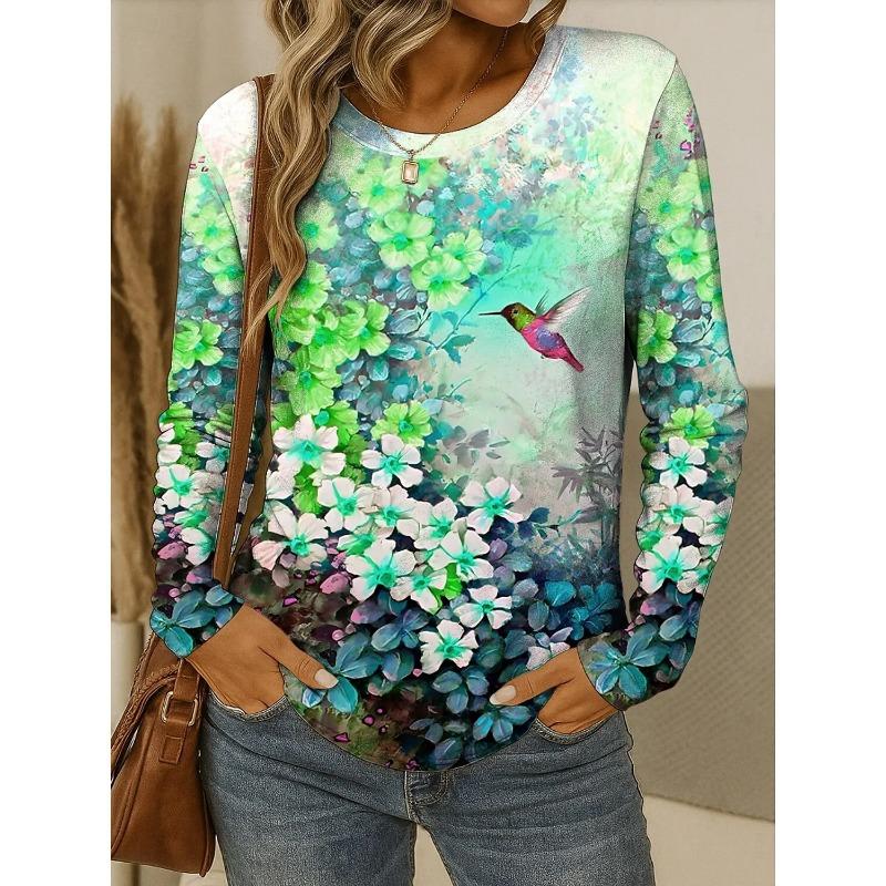 Frühlings- und Herbst-Rundhals-Oberteil mit floralem Vogel-Grafikdruck im 3D-Stil, modisches, lässiges Damen-Langarm-T-Shirt