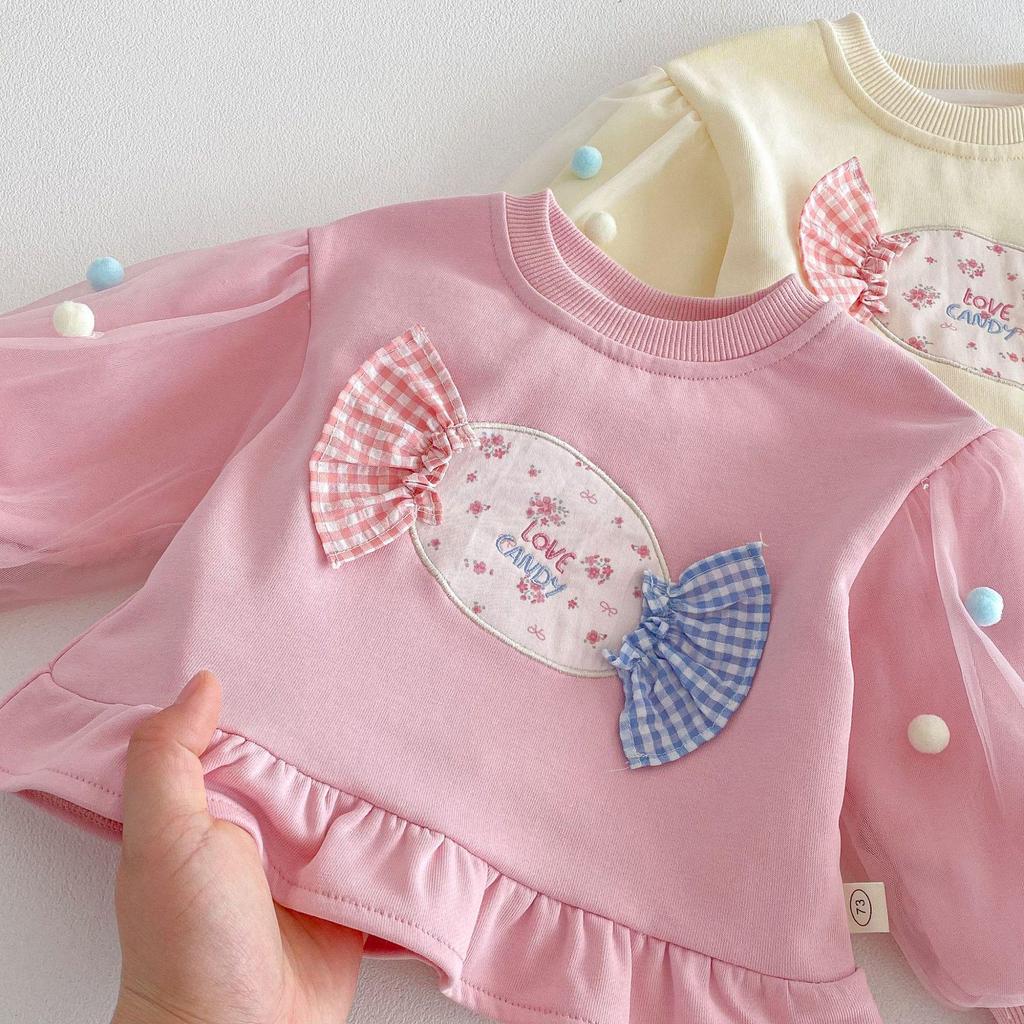 Girls' Korean Style Spring 2026 Mesh Pom-pom Hoodie – Trendy Floral Baby Layer Top