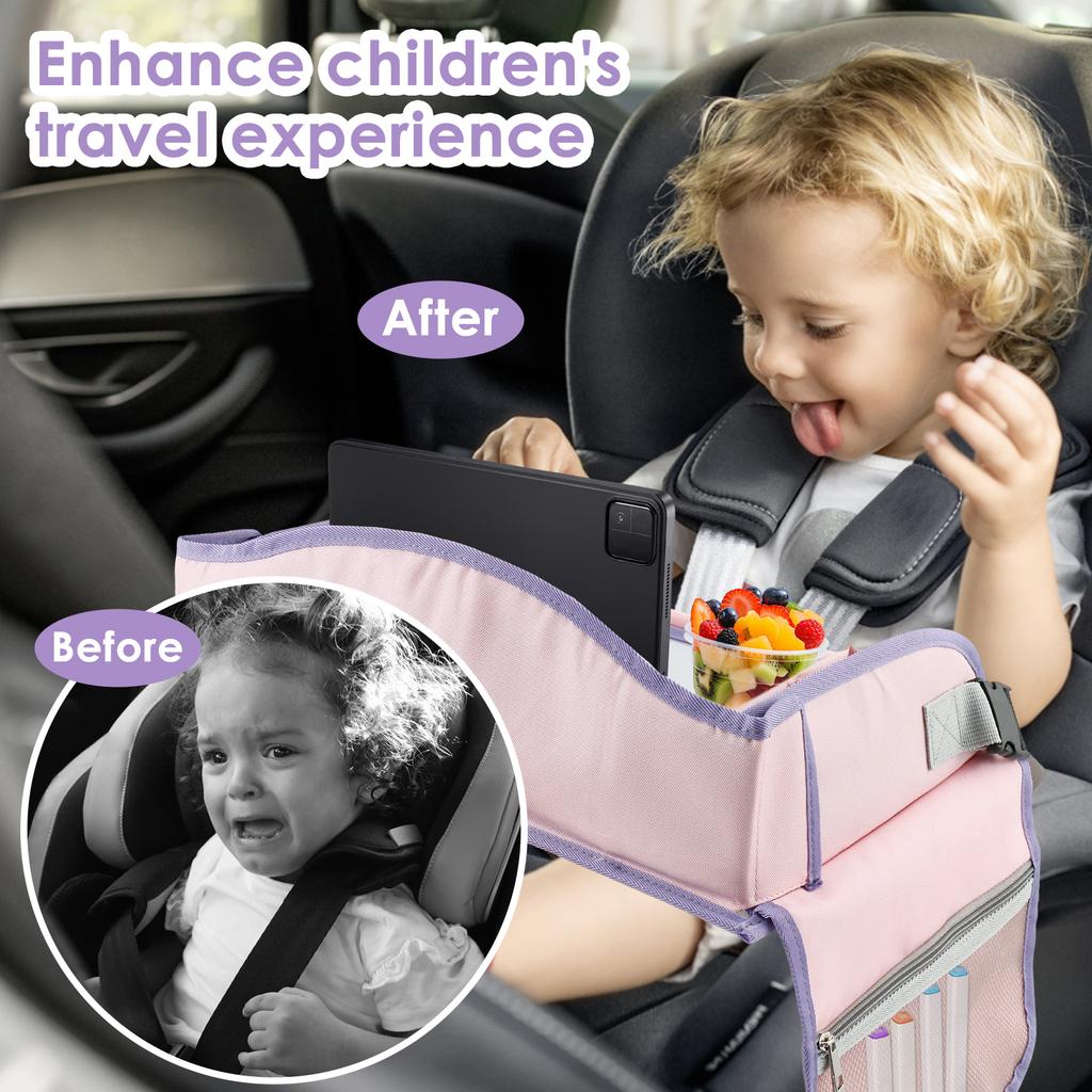 Carseat Table Tray for Kids Polyester Toddler Travel Lap Desk and Organizer with Padded Shoulder Strap Baby Safety Seat Fence