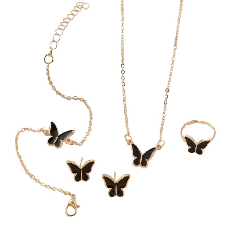 Contemporary Butterfly Necklace Bracelet Ring Earrings Jewelry Set Craftsmanship for Allergy Free Wear and Lasting Shine