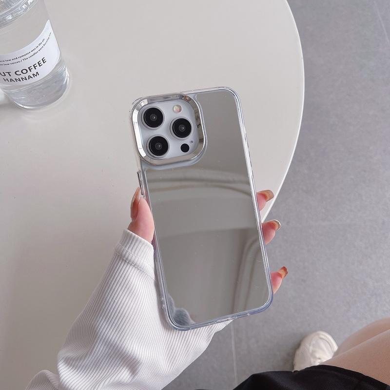 

Роскошный глянцевый чехол для телефона с зеркалом для макияжа для iPhone 15 Plus 14 Pro Max 13 Pro 12 11, защита объектива, противоударный, тонкий, прозрачный, мягкий чехол из ТПУ iPhone 14 Pro серебряный