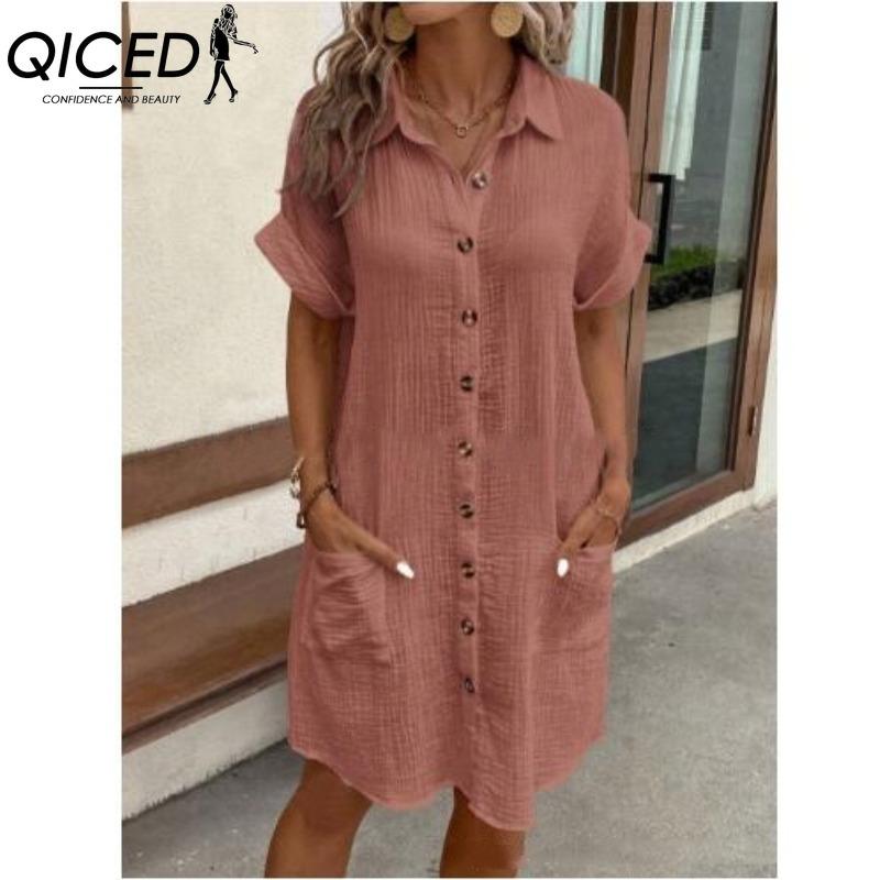 

QICED Женская мода лето весна однотонный принт с коротким рукавом поло-шея повседневные платья XXXXXL коралл розовый