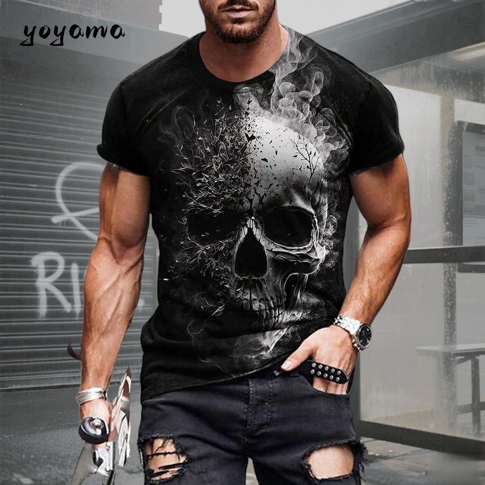Men's T-shirt with Skull Pattern 3D Print. Summer Retro Casual Sports Short-sleeved Adult Quick-drying and Breathable Clothing.