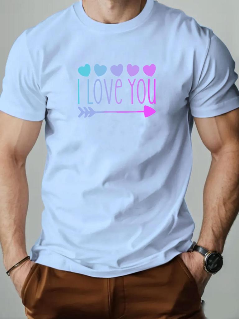 Mens cotton Tshirt love pattern I LOVE YOU summer casual round neck short Tshirt