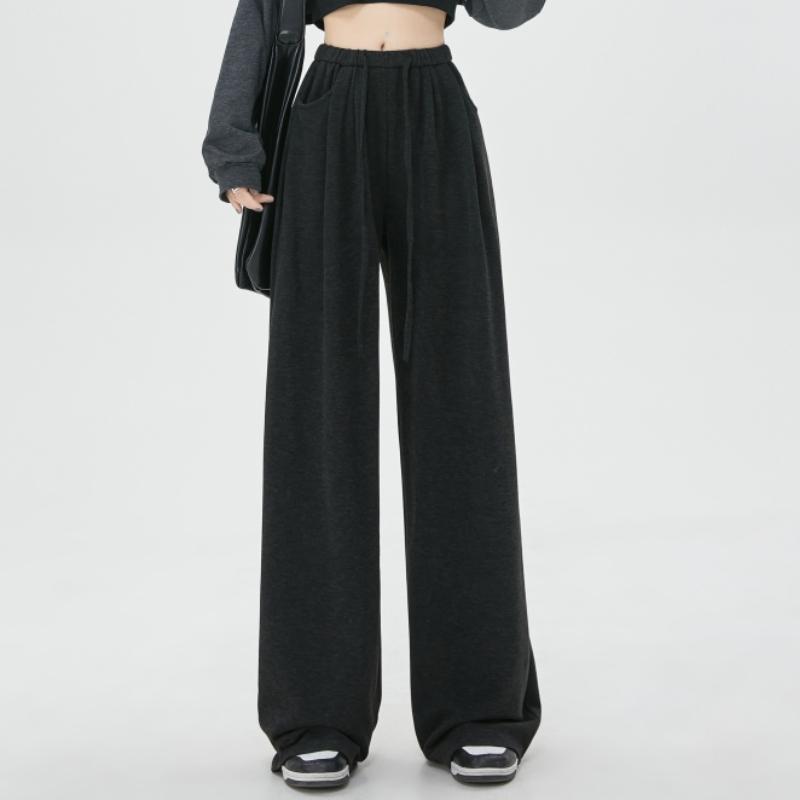 

Новые модные однотонные повседневные широкие брюки для женщин, элегантные свободные прямые брюки с высокой талией, женские спортивные брюки с карманами и шнурком 25710 XL черный серый