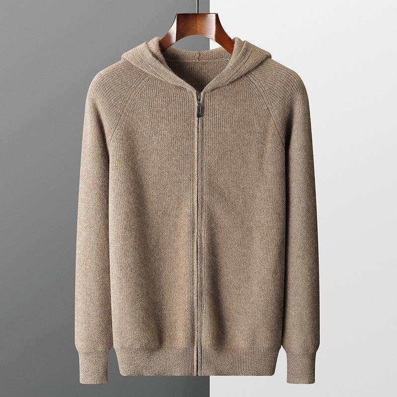 Men Autumn Winter Thickened Wool Sweater Hooded Zipper Cardigan Knit Jacket Long Sleeved Sportswear Warm Jacket