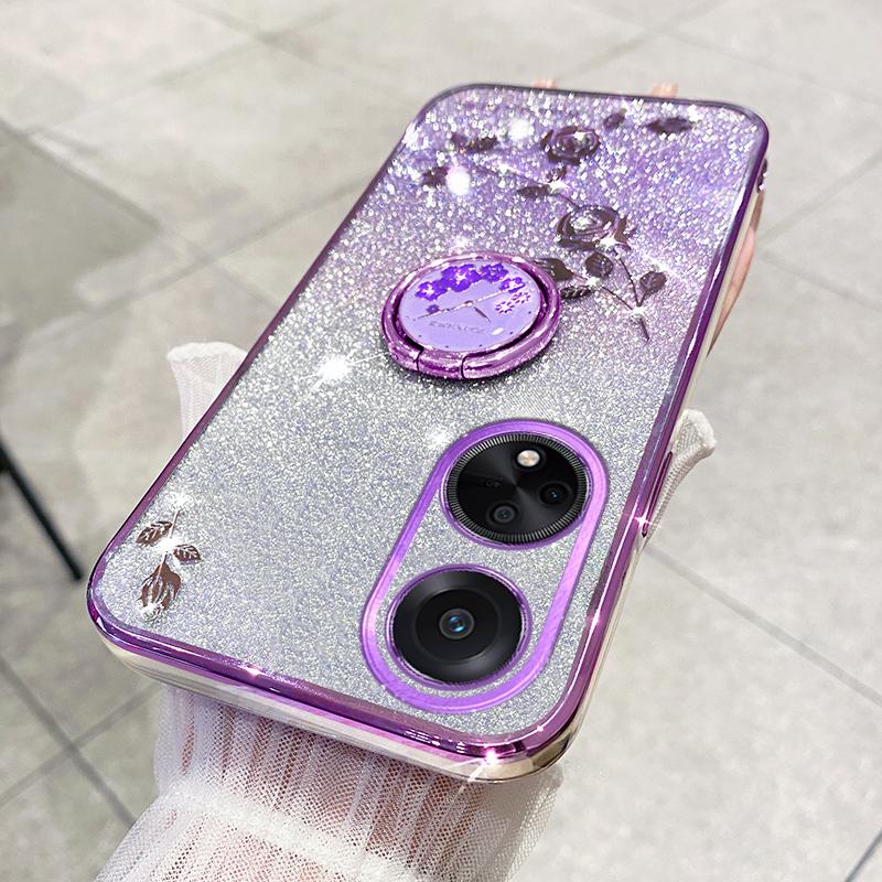 

KADEM Ring Kickstand Glitter TPU Case for Oppo A98 5G Rhinestone Flower Pattern Phone Cover Purple