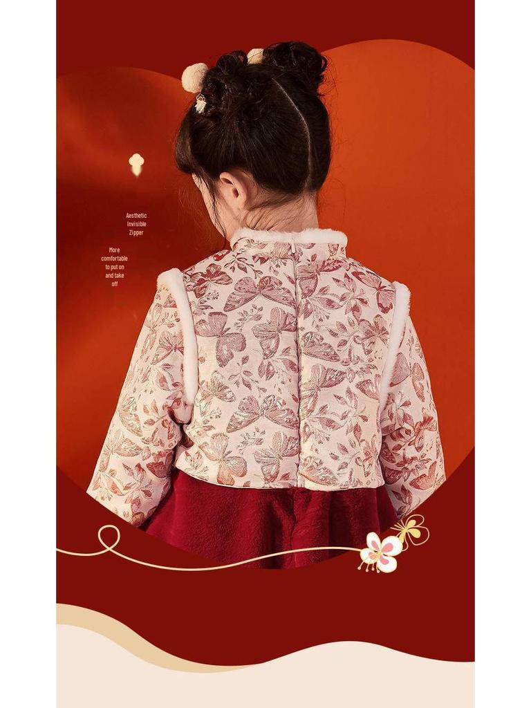 Far Infrared Girls' New Year Tang Suit - Chinese Style Baby Winter Red Formal Dress for First Birthday