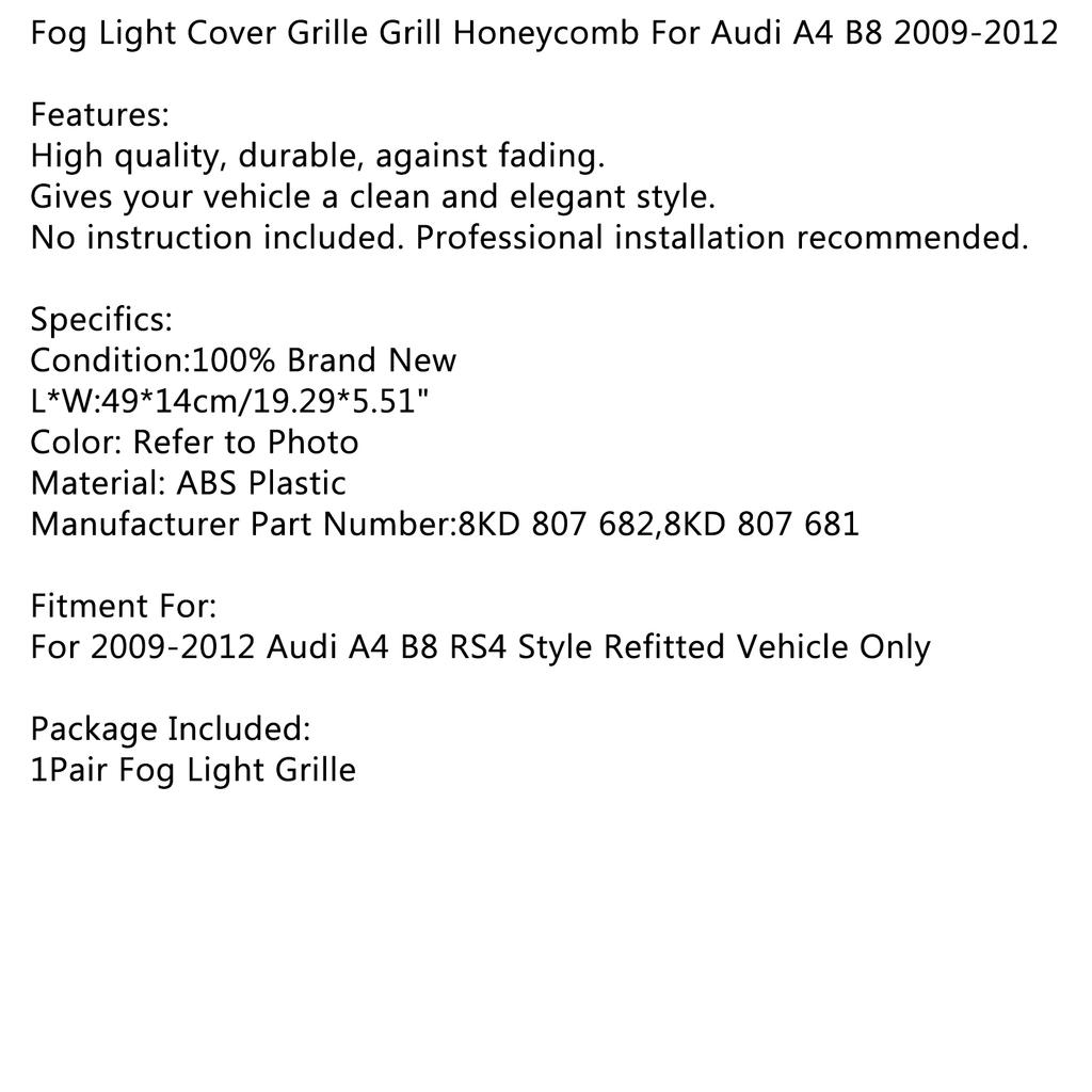 Pair Honeycomb Mesh Fog Light Open Vent Grill Intake For  A4 B8 2009-2012