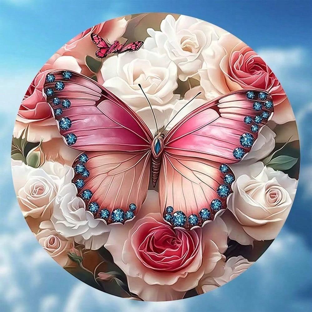 Vintage Butterfly Rose 8 Inch Round Metal Wall Art Floral Aluminum Sign Home Bar Cafe Decor