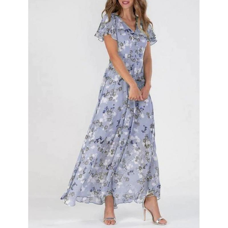 New beach pendulum long dress chiffon floral short-sleeved ruffle V-neck fashionable waist dress