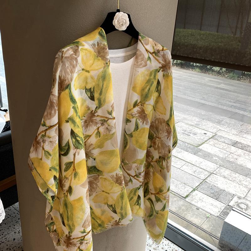 Scarf French lemon print silk scarf Bali yarn cotton and linen feel large size silk scarf travel sunscreen shawl women 90*180