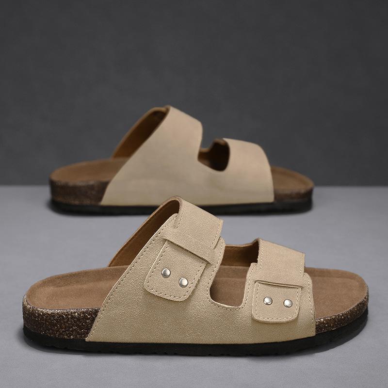 

Летняя новая мода пробка 2025 дышащие с открытым носком прохладные тапочки на плоской подошве ленивая накладка на ногу для дома два варианта носки мужская обувь 44 песочный