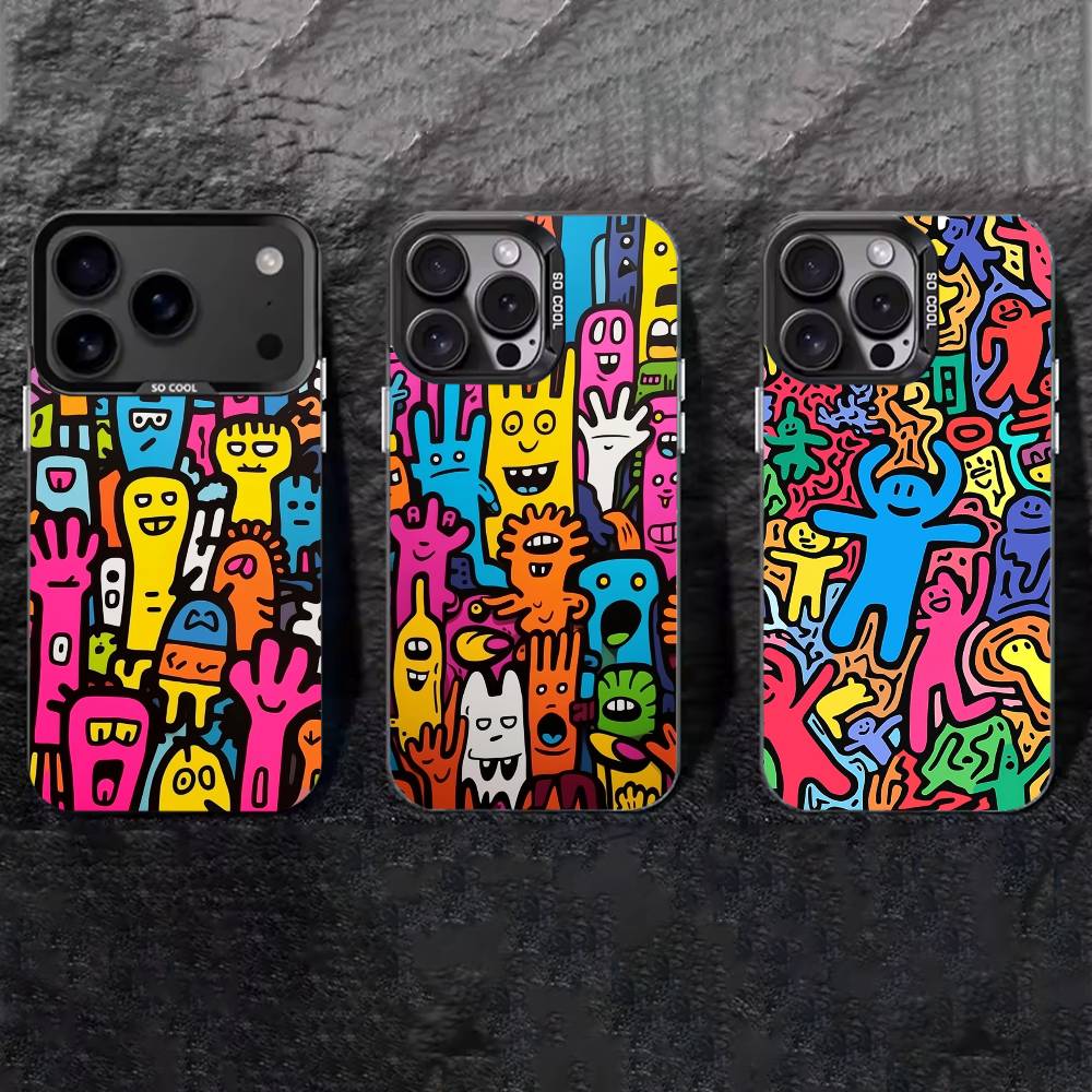 Cartoon Graffiti Phone Case For iPhone 17,16,15,14,13,12,11 Plus,Pro Max,XS,Colored silver phone case