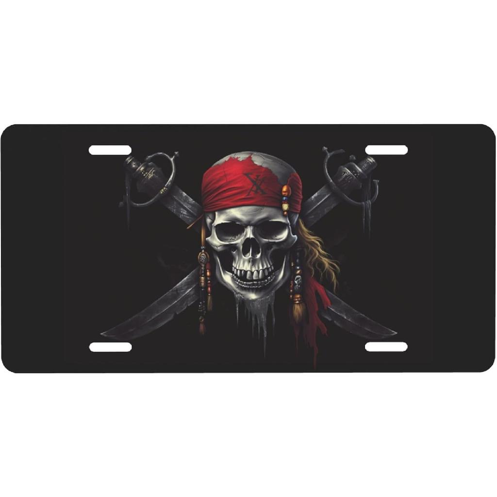 Pirates Skull Flag License Plate Decorative, Car Front License Plate Aluminum Novelty Metal Car Plate 6 X 12 Inch