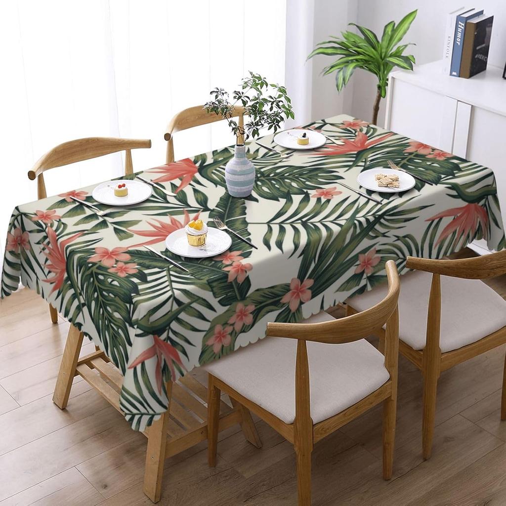 Tropical Green Palm Leaf Tablecloth for Table Decor Summer Hawaii Pink Flower Leaves Kitchen Dining Table Cloth Party Decoration