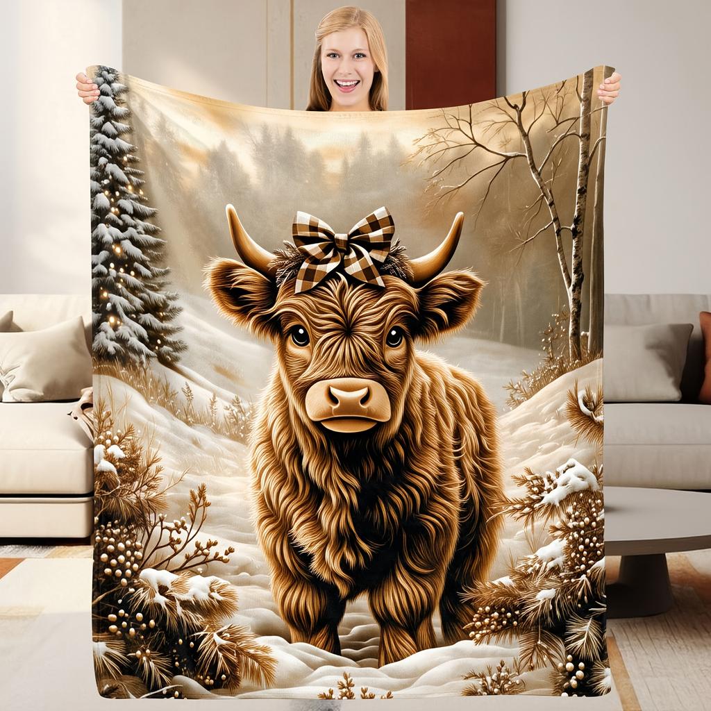 Hochlandrind Decke Moderne Überwurfdecken Winter Schnee Kiefer Baum Bettbezug Vintage Ästhetik Wohnzimmer Sofa