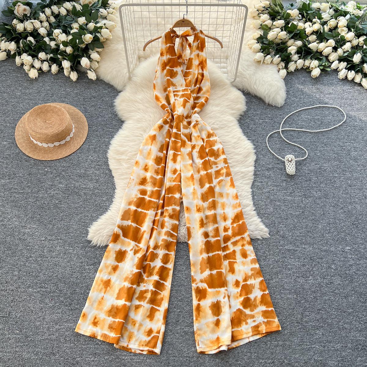 

V-Neck Halter Tie Sleeveless Slimming Print Jumpsuit for Summer Beach One Size