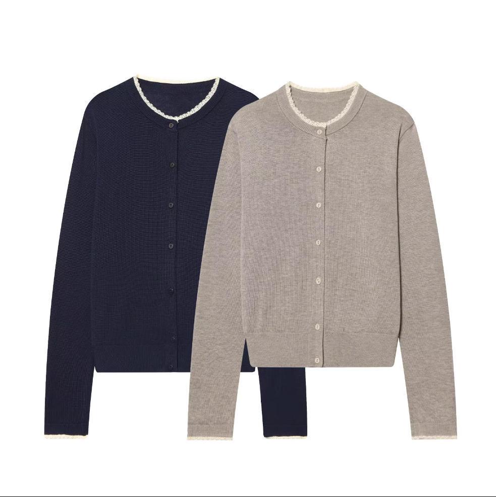 European Fashion Lace Round Neck Knit Cardigan - Slim, Casual, Short Sweater Medium