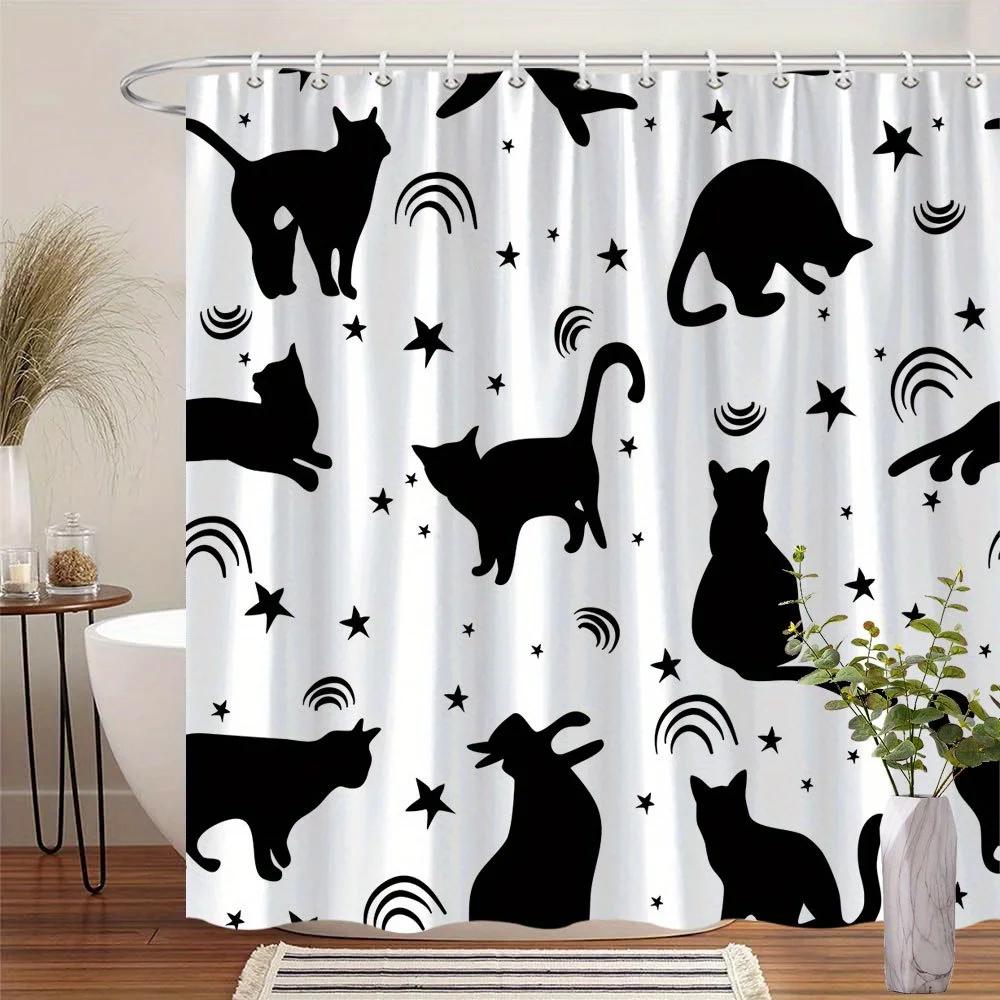 

Штора «Черные кошки и звезды» - Минималистичные силуэты на белом, Веселый декор для ванной, Можно стирать в машине, 12 крючков, Аксессуары для ванной W90xH180cm