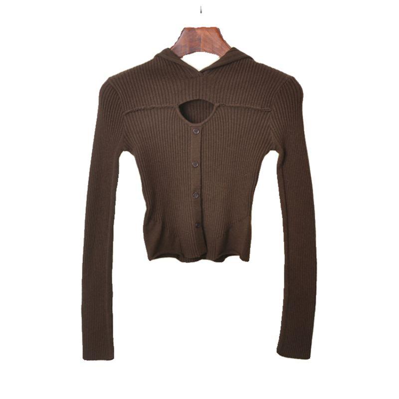 American Sexy Short Tops Solid Color High-Elastic Silm Cut Out Long Sleeves Hooded Knitting Bottoming Shirt