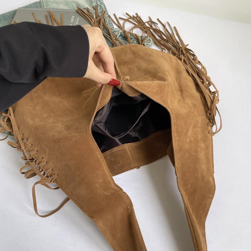 Boho Chic Kordový Střapec Dámská Taška přes Rameno Podzim Velkokapacitní Ručně Vyráběná Jednobarevná Hobo Tote Taška