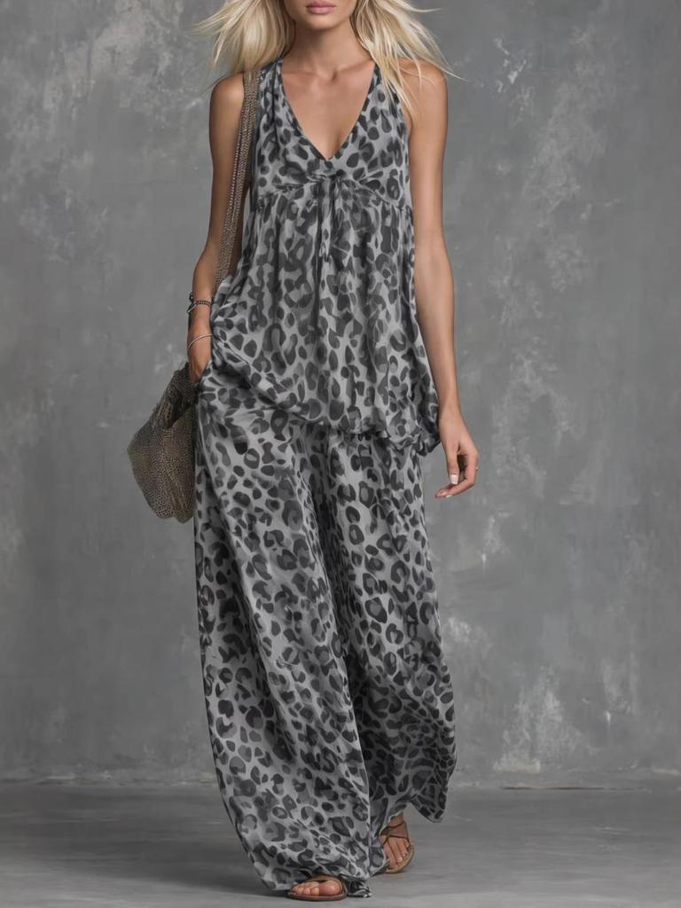 European Leopard Print Sleeveless Top & Chiffon Wide-Leg Pants Set for Women
