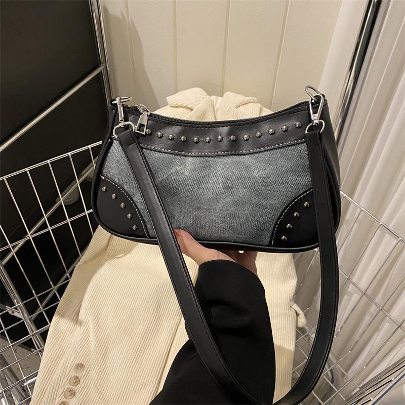 

Rivets retro casual matte texture 2024 new foreign style color matching fashion crescent bag underarm shoulder bag women
