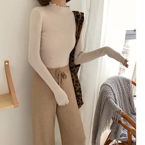 

Осень-зима свитер с оборками, водолазка, рюшами, женские свитера, высокоэластичные однотонные женские тонкие сексуальные вязаные пуловеры One Size абрикосовый