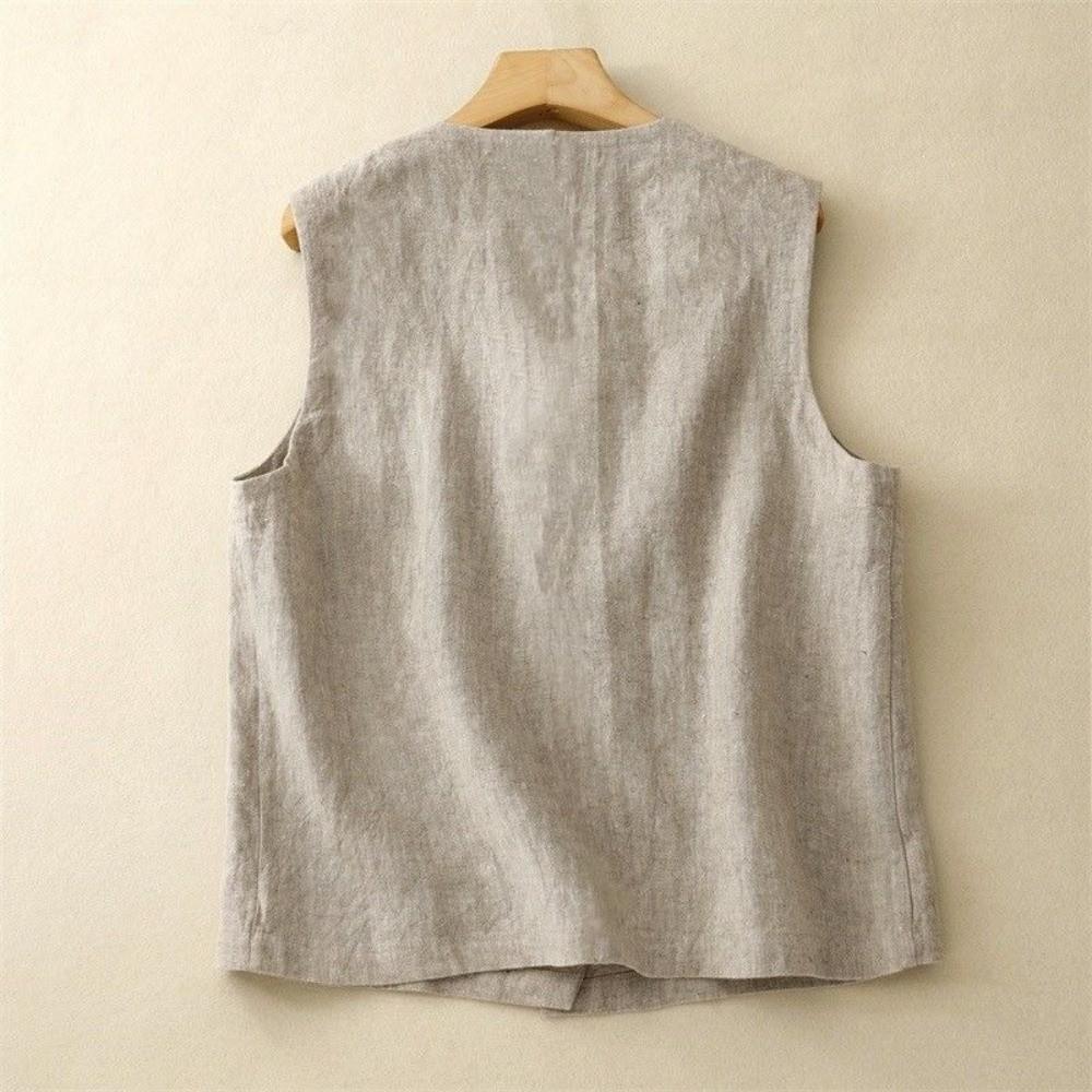 Retro Casual Cotton Linen Vest Simple Sleeveless Waistcoat Elegant Round Neck Top for Women