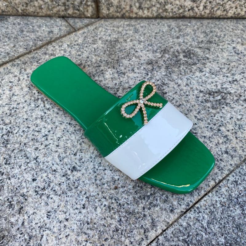 Fashion Rhinestone Bow Colorblock Square Head Open Toe Soft Bottom Non-Slip Wear-Resistant Low Heel Flip-Flops