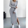 Women's Autumn Winter Solid Color Long Sleeved Sexy Slit Knitted Long Casual Comfortable Round Neck Dress
