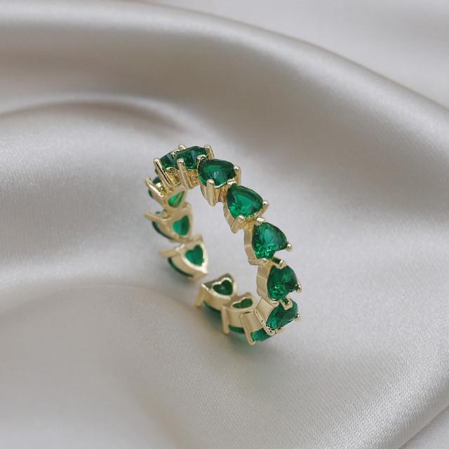 14K Prawdziwe Złocenie Korea Nowa Moda Biżuteria Wykwintne Zielone Cyrkonowe Pszenica Ucho Liść Pierścienie Eleganckie Damskie Otwarte Pierścienie Imprezowe