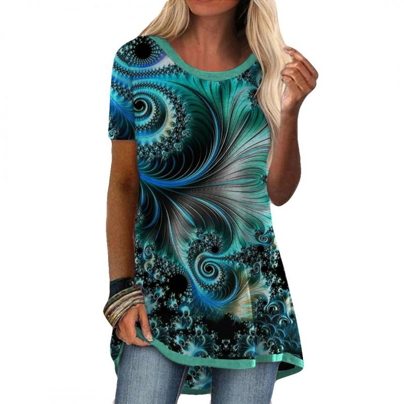 Womens Casual Short Sleeve T-Shirt With Starry Sky Digital Print Loose Fit Long Length Top 2025