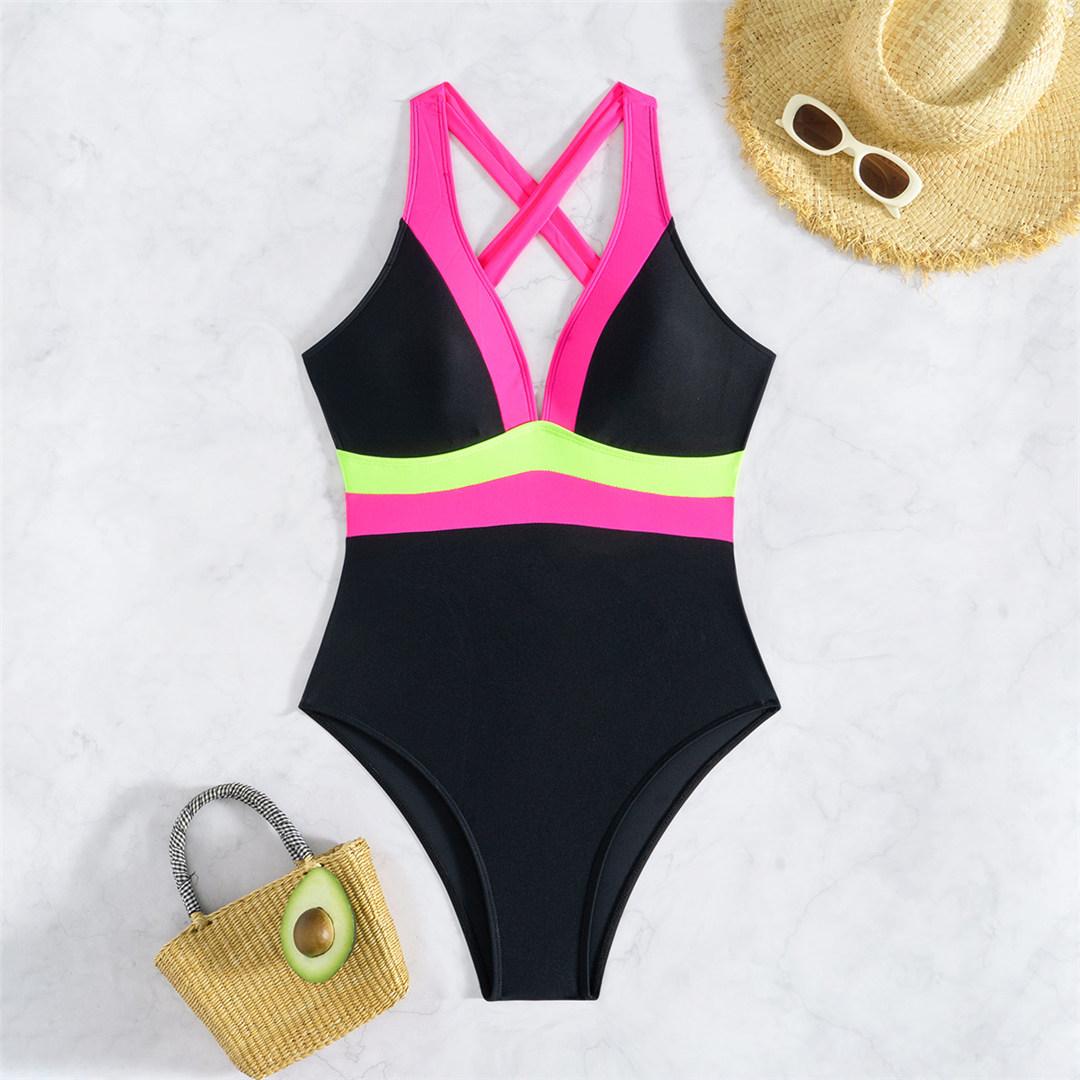 

S - XL Splicing V Neck Cross Back Women Swimwear One Piece Swimsuit Female High Cut Leg Padded Bather Bathing Suit Swim V6453 XL чорний