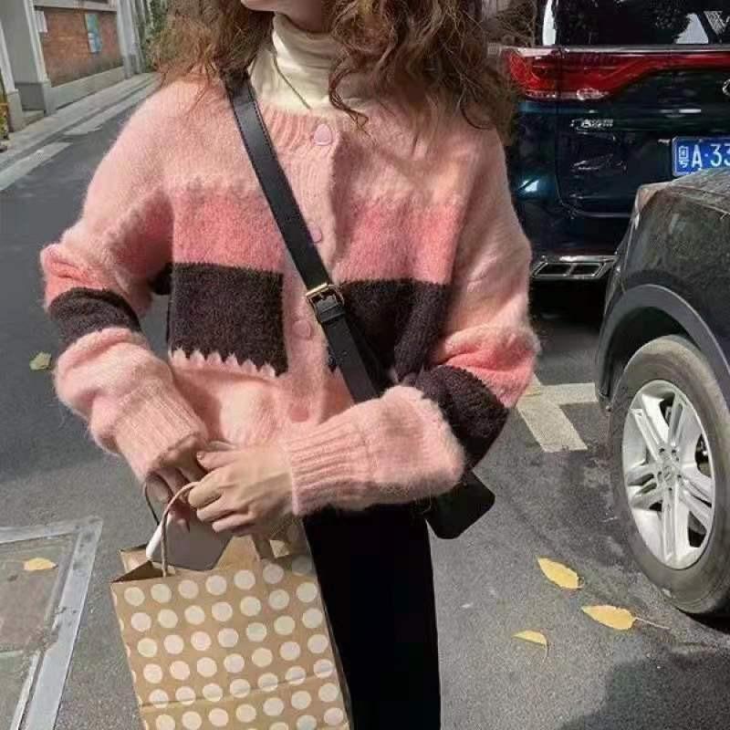 

New Cardigan Casual Loose Korean Sweater Women Short Jacket Fashion O Neck Elegant Autumn New Retro Striped Knitted Outerwear Coats Clothing one size