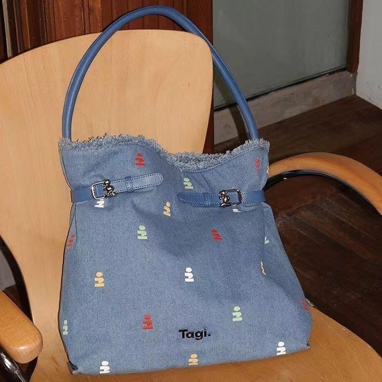 Новая сумка-тоут из соломы «Воображение» большой вместимости, холщовая, на плечо, портативная, с вышивкой Spot джинсовый синий