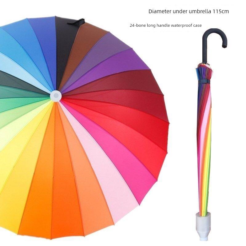 24-Rib Waterproof Umbrella with Curved Handle, Straight Pole, Impact-Resistant Fabric, Safety Umbrella, Automatic Promotional Umbrella, Rainbow