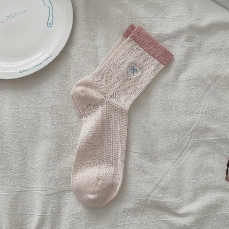 Women's Thin Cotton Love Bow Embroidery Color Collision Mesh Breathable Tube Stack Socks