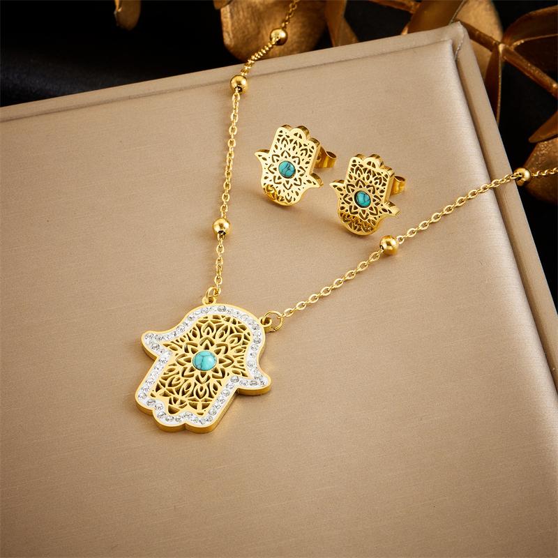 DIEYURO 316L Stainless Steel Golden Retro Hand Necklace Earrings Suit For Girl New Fashion Turquoise Jewelry Set Party Gift