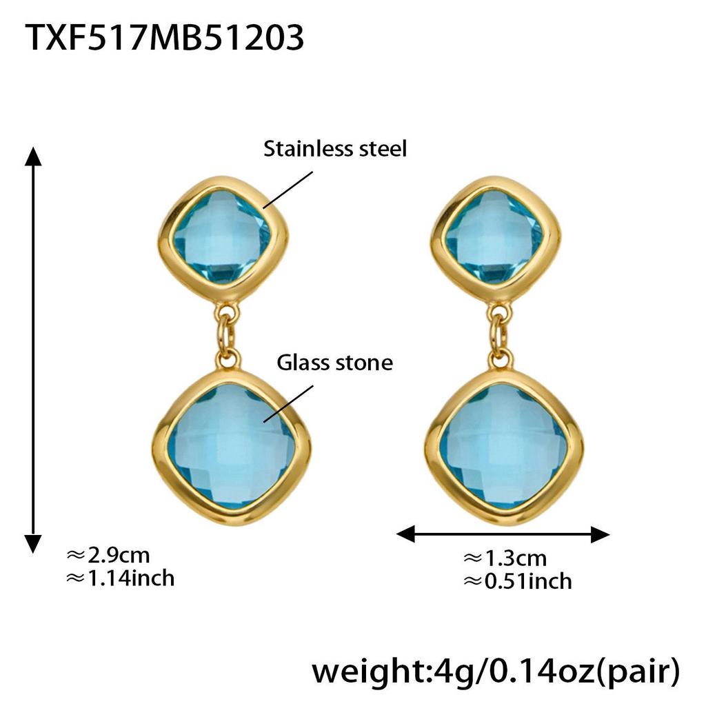Geometric Glass Stone Earrings & Stainless Steel Bead Necklace Bracelet Set - Multi-color Patchwork Jewelry