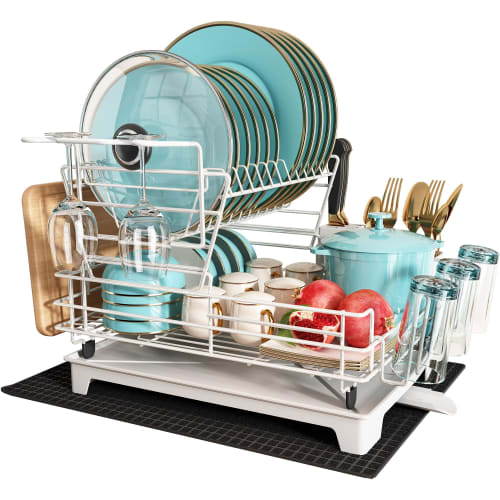MAJALiS White Dish Drying Rack for Kitchen Counter, Stainless Steel 2-Tier Dish Drainer, Sink Drainer Board, Kitchen Organizer, Space-Saving