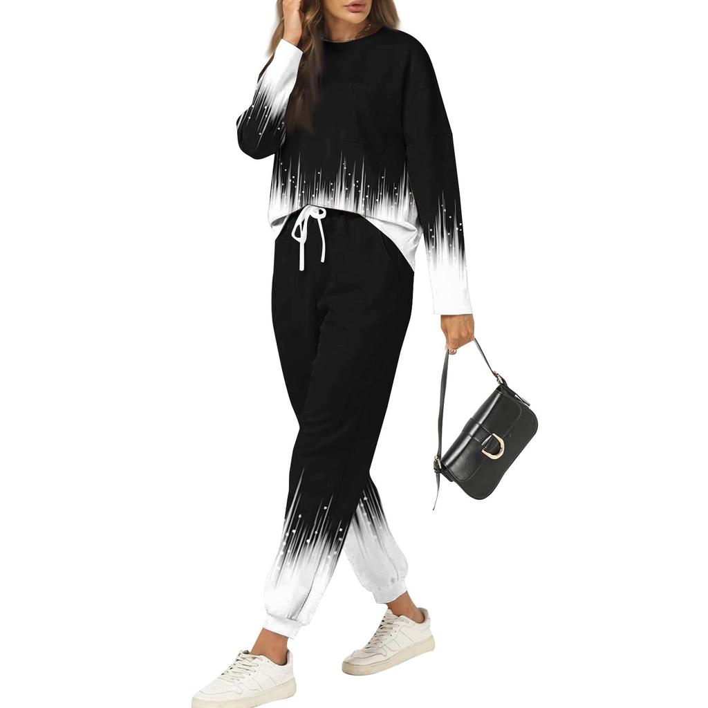 Seturi pentru femei 2 piese Tricouri cu mânecă lungă cu gât rotund Pantaloni de trening imprimați Seturi cu buzunare