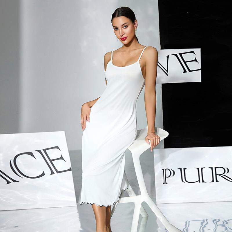 Einfarbiges Milchseiden-Nachthemd Schwarz/Weiß Rückenfrei Pflegeleicht Damen-Loungewear 930 Klassische pflegeleichte Nachtwäsche für den täglichen Gebrauch