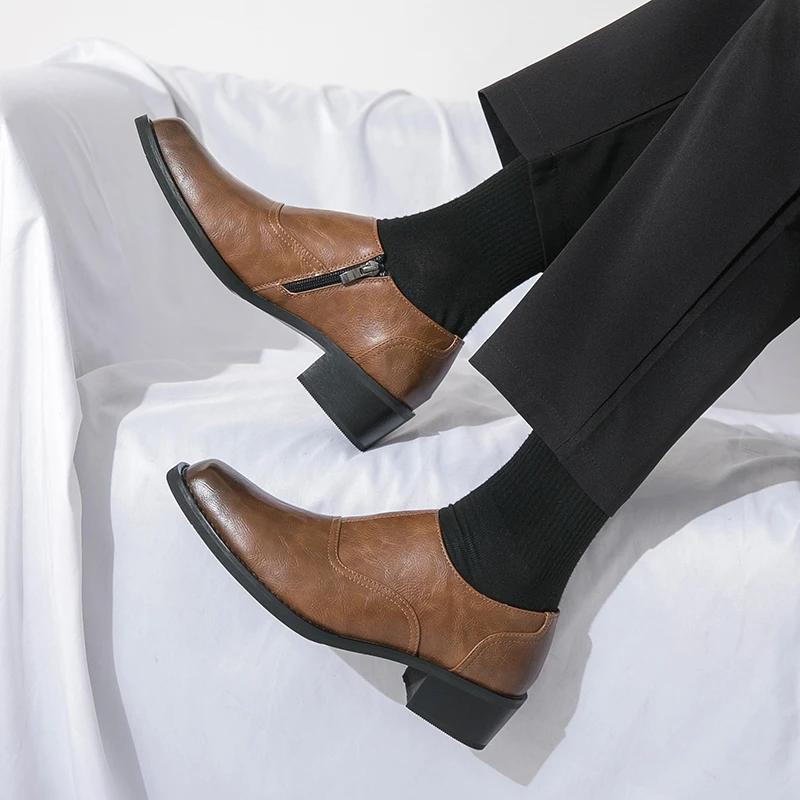 Men Platform Zip High Heel Leather Shoes Comfortable Height Increase Formal Dress Office Dance Shoes Men Wedding Groom Shoes