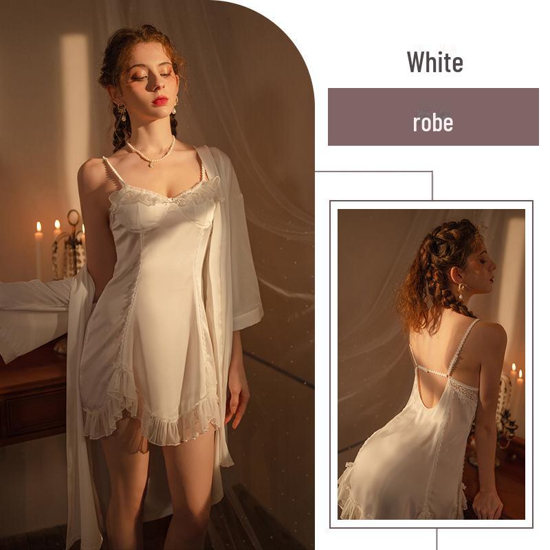 

Xin Yiying сексуальный глубокий V французский кружевной комплект ночной рубашки с открытой спиной на тонких бретельках M, sling + outer robe белый