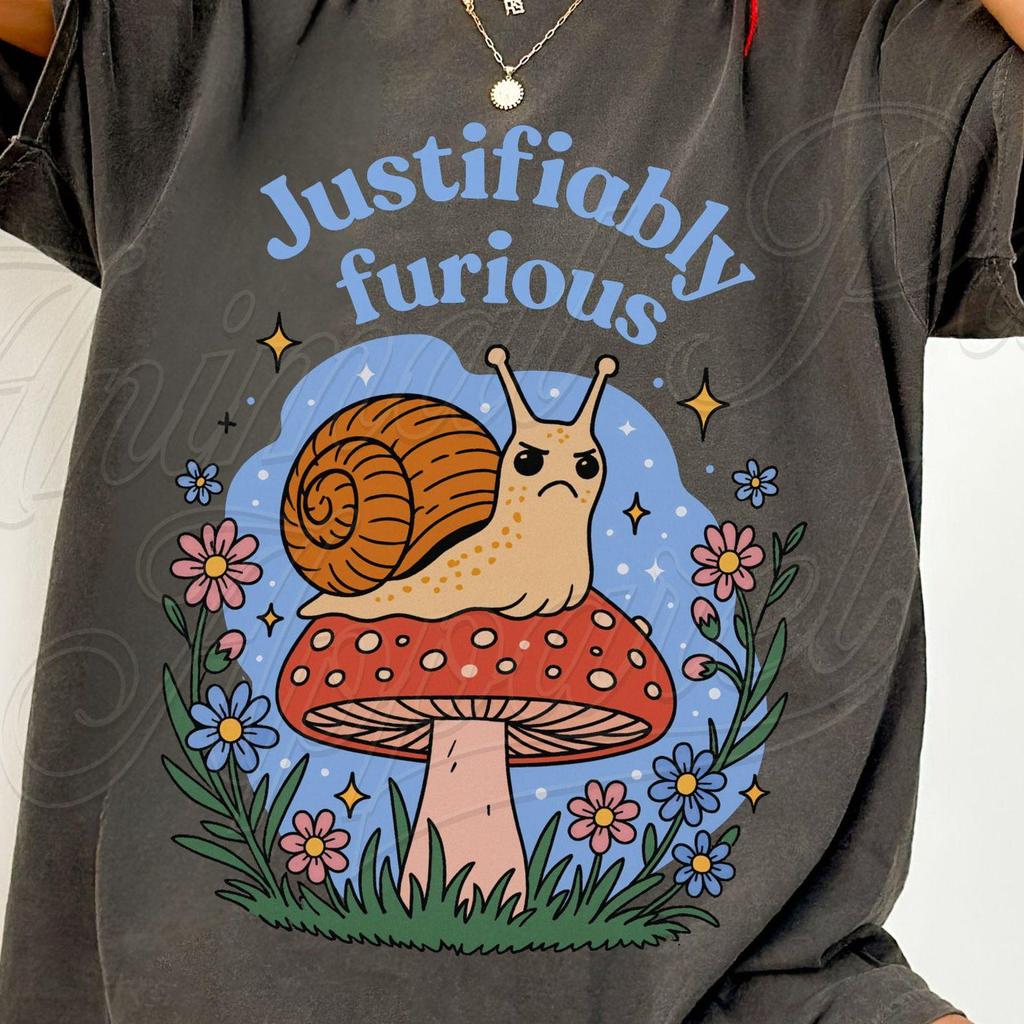 Justifiably Furious Snail Shirt, Cute Cottagecore Graphic Tee, Funny Mushroom Snail Illustration, Aesthetic Nature Lover Gift, Gift for Her