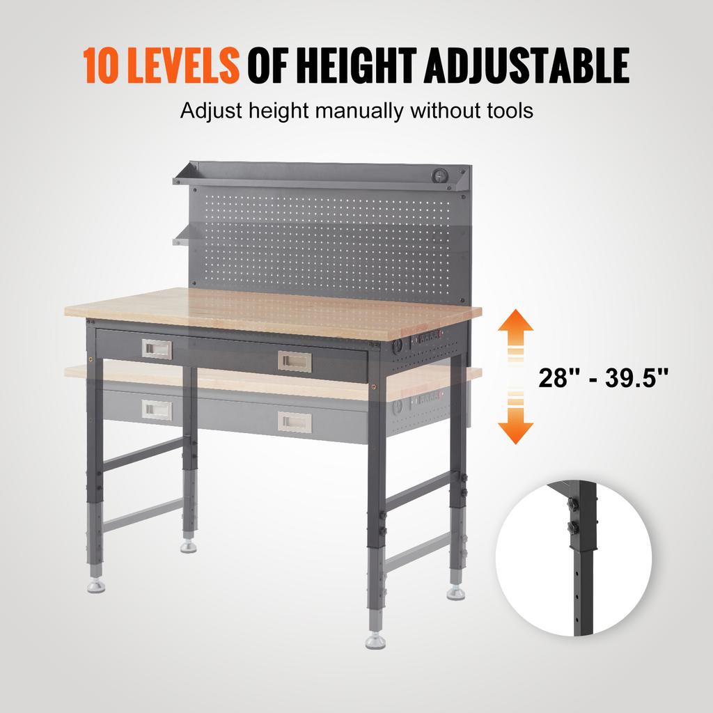 SucceBuy 2000lbs Hardwood Workbench Heavy Oak Plank Work Table Carbon Steel with 3m Cable 30 Hooks for Garage Office Workshop