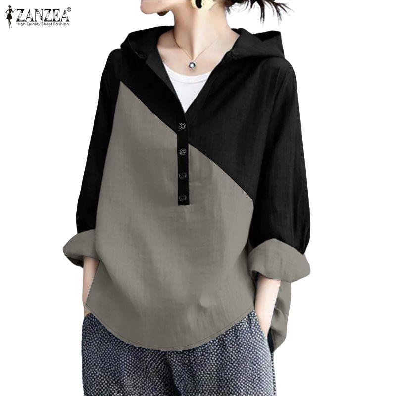 

ZANZEA Women Casual V-Neck Loose Long Sleeve Patchwork Hoodies Blouse 5XL серый